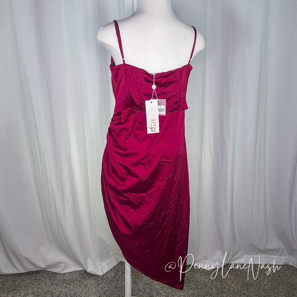 Oh Polly Draped Neck Asymmetric Corset Midi Dress in Wine - Picture 14 of 14